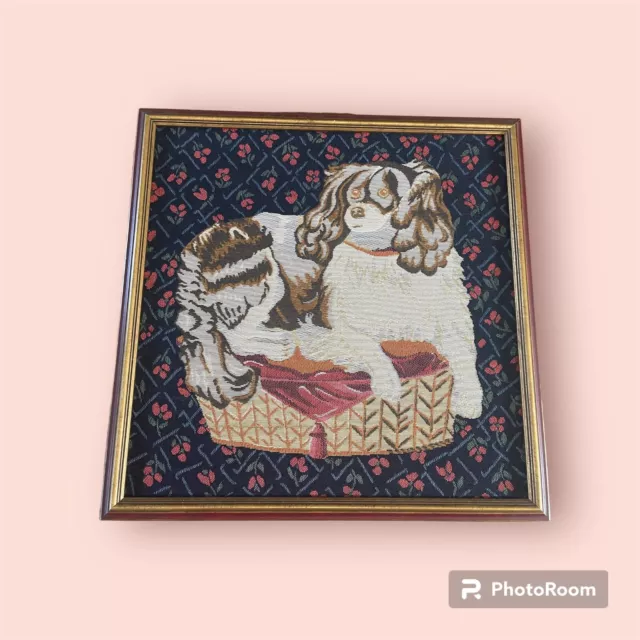 Vintage King Charles Spaniel cavalier Embroidered Needlepoint Gold Framed Art