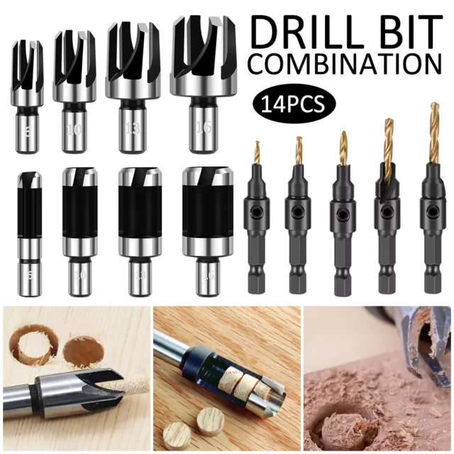 14Pcs Countersink Drill Bit Set High Speed Tapered Drill Bits Wood Plug Cutter ♵