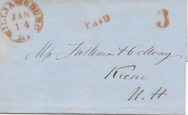 1852 Stampless Cover from Williamsburg, MA (Hampshire County) to Keene, NH