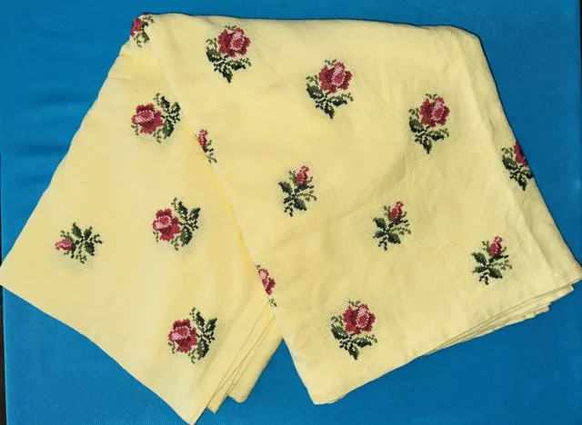 Bright Yellow With Pink Roses Cross Stitch Tablecloth 48” X 62” Cottagecore Read