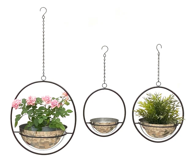 Blumenampel Innen Metall Wand Hängepflanzen 96087 3er Set mit Topf Silber Modern
