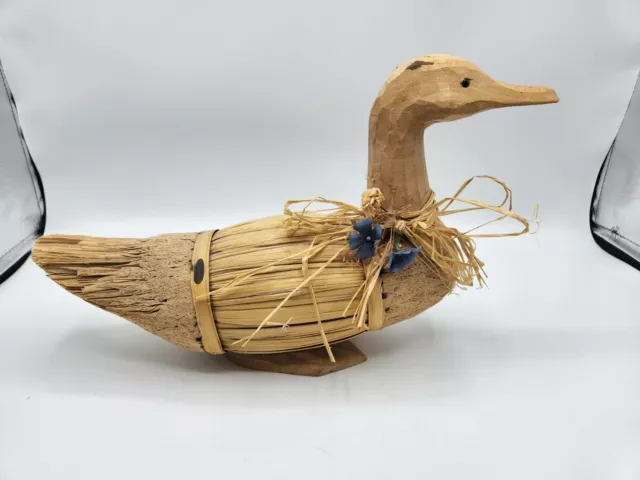 Vintage Folk Art Duck Decoy Wood Cork Straw Corn Husk Reed Wood