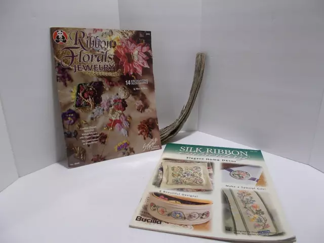Transferencias de bordado de cinta de seda 1997 de Bucilla y revistas florales de colección