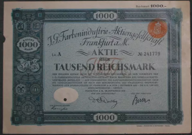 I. G. Farbenindustrie Aktiengesellschaft 1926 1000 RM NL-Steuerstempel