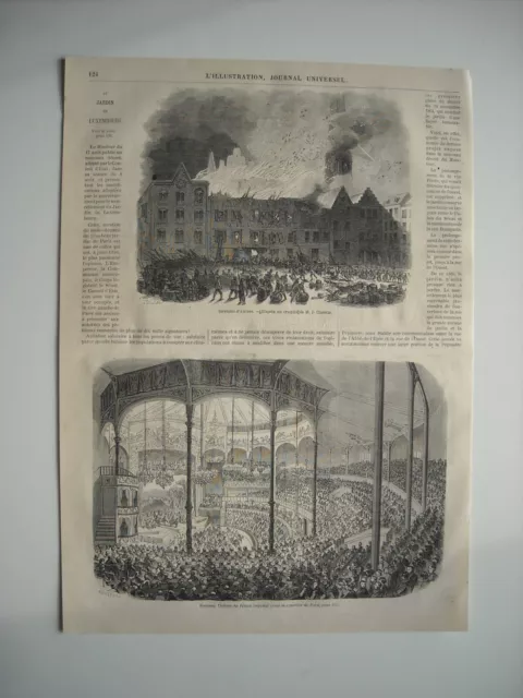 Gravure 1866. L’incendie D’anvers, Avec Explicatif. Nouveau Theatre Du Prince Im