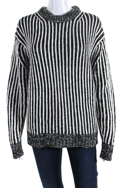 Elizabeth and James Womens Contrast Stripe Thick Knit Sweater Black White Medium