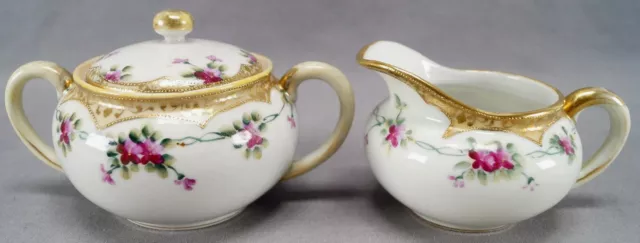 Nippon Hand Painted Purple Floral & Gold Beaded Creamer & Sugar C. 1911 - 1921