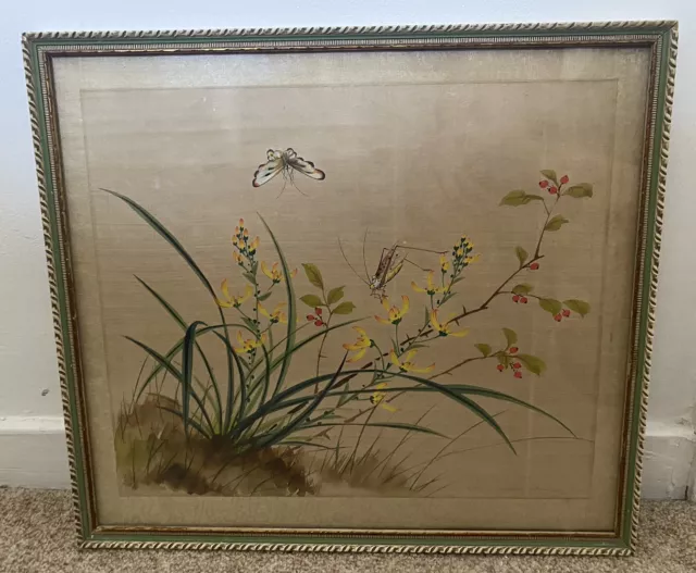 Vintage Asian Silk Watercolour Painting Framed Vintage Flowers Butterfly Cricket