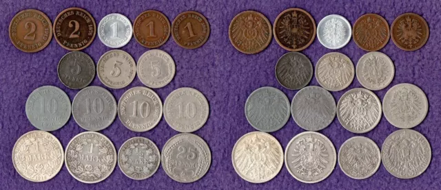 Deutsches Reich / Kaiserreich - Konvolut, 16 Münzen Pfennig u. Mark (mit Silber)