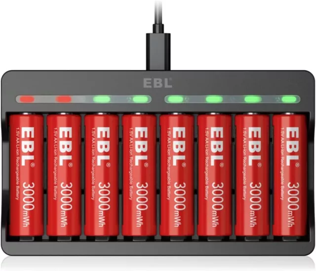 EBL 8pcs Piles Rechargeables AA 1,5V Puissants, avec Chargeur de Piles 8 Slots M