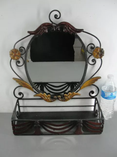 WROUGHT IRON METAL ART MIRROR WITH SHELF WALL HANGING VANITY HOME DECOR 14"x17"