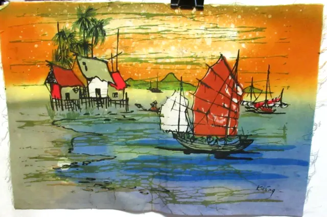 Malaylsian Village Sail Boats Original Batik Painting Signed