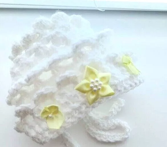 baby girl crochet bonnet hat 1 lemon satin flower 2 lemon satin bows handmade