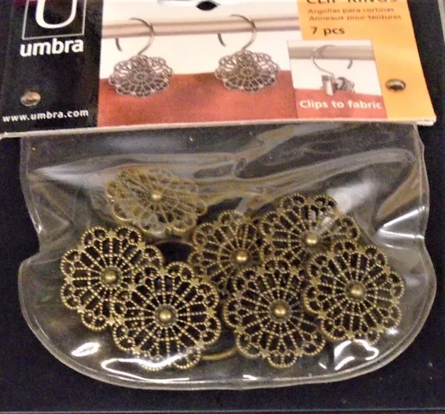 UMBRA Rosetta Curtain Drapery Round Metal 1" Clip Rings Aged Brass Color 7-pc