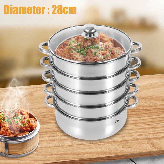 Vaporiera A 5 Piani Impilabile, Diametro 30/28/26 Cm, In Acciaio Inox, Con Coperchio In Vetro (30 Cm