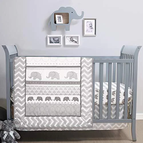 Elephant Walk Crib Bedding Set - 3 Piece Unisex Nursery Set - Crib Quilt,