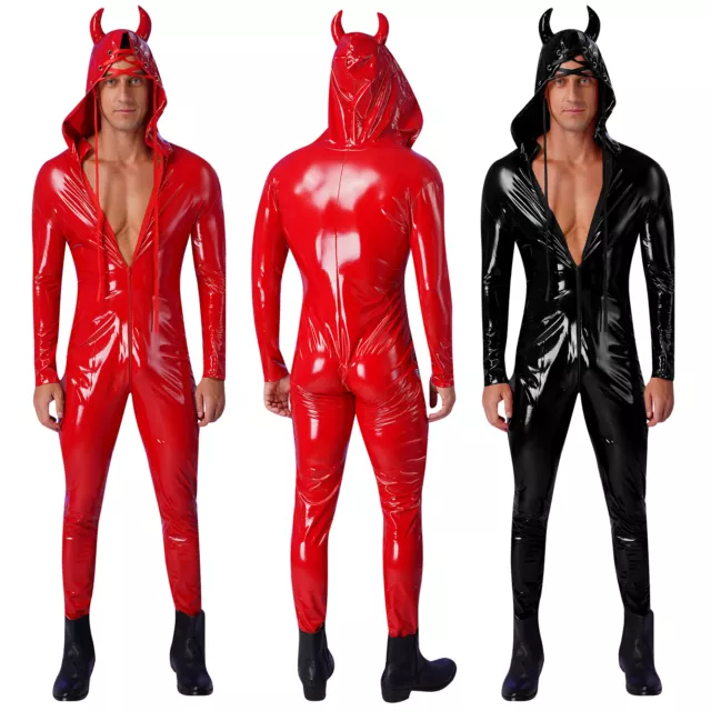 Hombres Patente con Capucha Cuero Mono Ropa Interior Body Halloween Leotardo Brillante 3