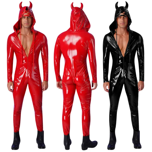 Men Hooded Patent Leather Jumpsuit Underwear Bodysuit Halloween Leotard Glossy 3