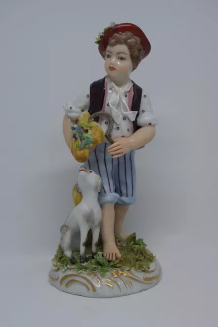Capodimonte Porcelain Figurine Boy With Dog. Naples Mark Signed K