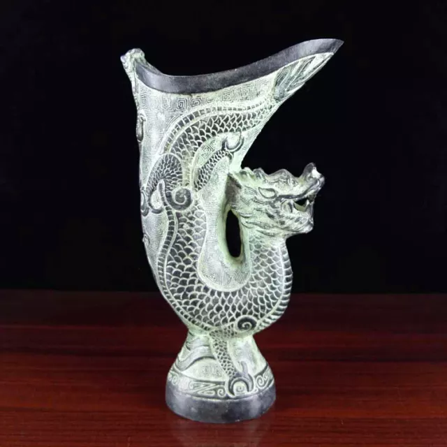 19cm China Bronze Carve Dragon Loong Statue Vase Cup Collectibles Decorated