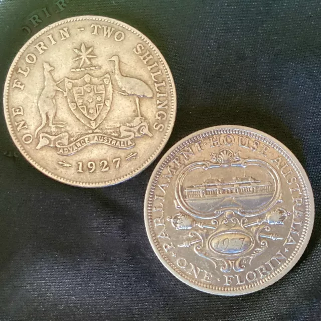 1927 Florin + 1927 Parliament House Commemorative Florin Pair 92.5% Silver Coins