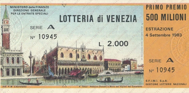 1983 LOTTERIA primo premio 500 Milioni Palazzo Ducale e Molo Venezia biglietto
