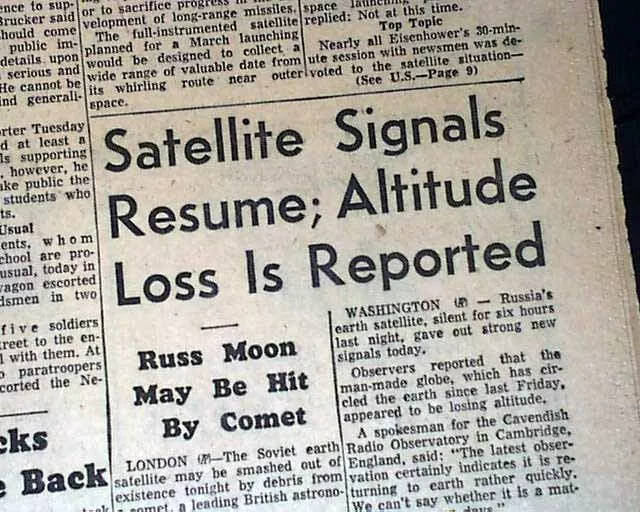 Russian SPUTNIK 1 Artificial Satellite Success Space Race Begins 1957 Newspaper