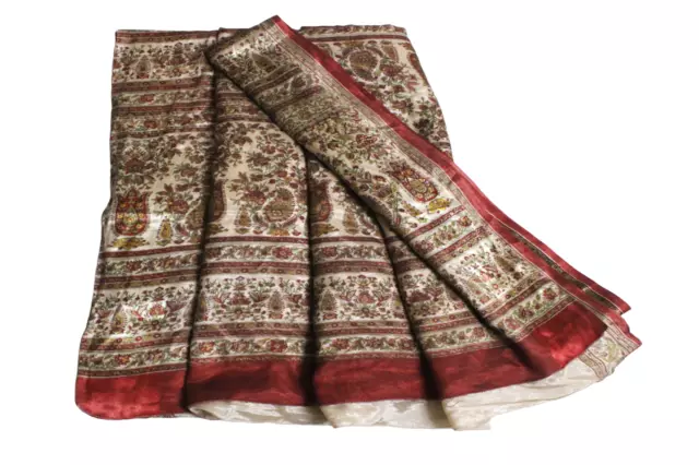 Vestido Sari con estampado floral de seda beige vintage indio usado tela...