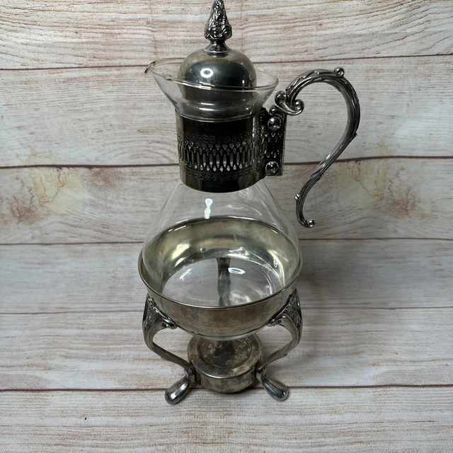 Vintage Silverplate Glass Coffee Tea Pot Carafe Server Candle Warmer Stand