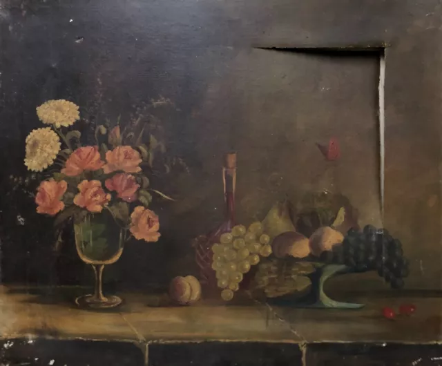 Tableau ancien signé, Nature morte, Huile sur toile à restaurer, Début XXe