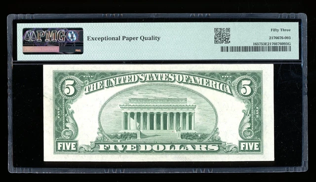 DBR 1953-B $5 Silver Fr. 1657 FA Block PMG 53 EPQ Serial F74719467A 2