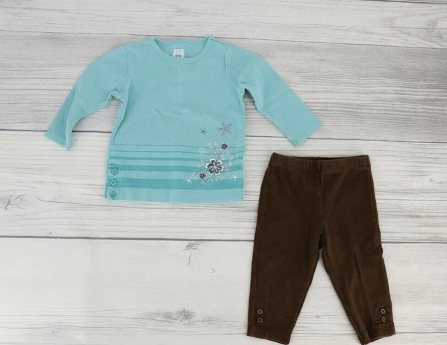 Carters Baby Girl Top & Pant Set Outfit Two Piece Size 9 Months Blue Brown