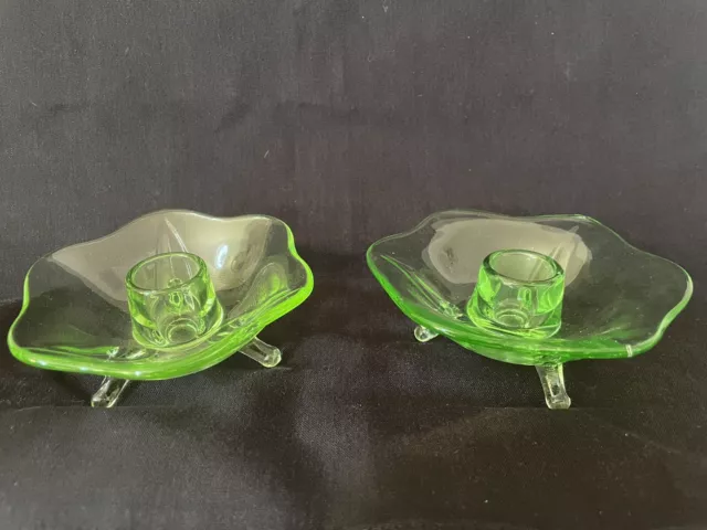 Pair of Green Vaseline Depression Glass 3 Footed Scalloped Candle Holders *Glows