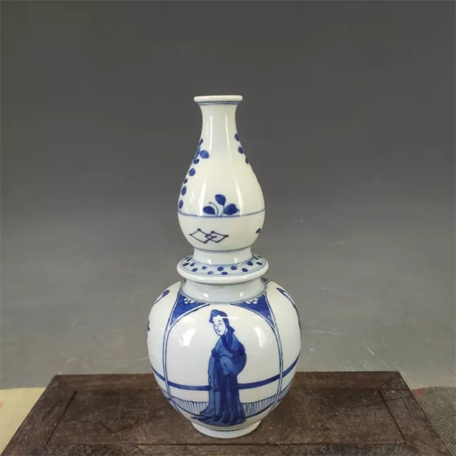 Chinese Porcelain Qing Dynasty Kangxi Blue and White Character Gourd Vase 8.26"