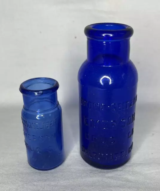 2 Vintage Bromo-Seltzer Emerson Drug Cobalt Blue Glass Medicine Bottles Embossed