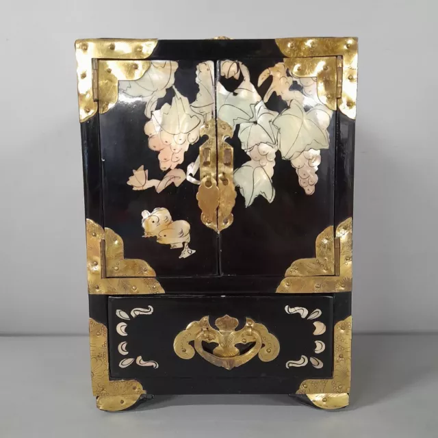 Vintage Chinese Lacquered Jewellery Cabinet Mother Of Pearl Brass Organiser-RMF