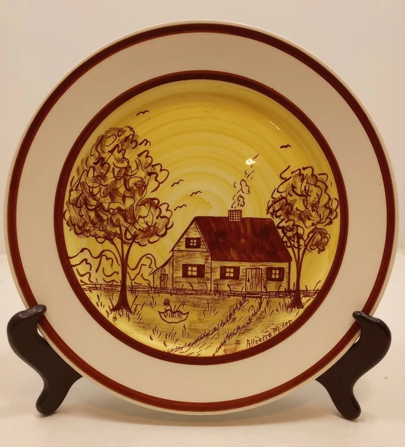 Vtg Blue Ridge Southern Potteries Gold Cabin Plate Signed Artist Alleene Miller