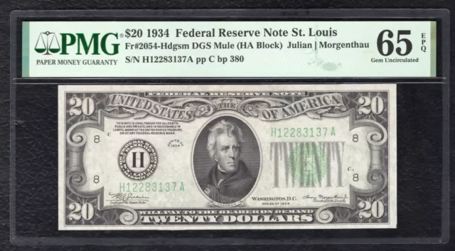 FR. 2054-Hdgsm 1934 $20 FRN FEDERAL RESERVE NOTE ST. LOUIS, MO PMG GEM UNC-65EPQ