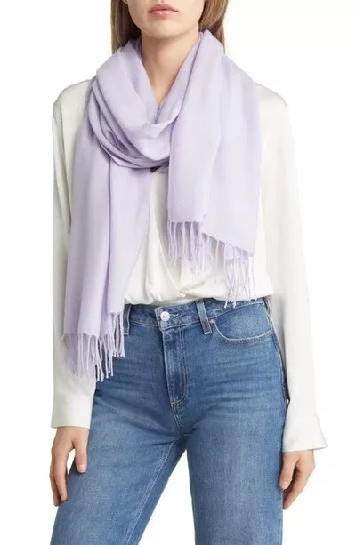 Nordstrom Tissue Weight Wool & Cashmere Fringe Scarf.  28" x 74". Purple Calluna