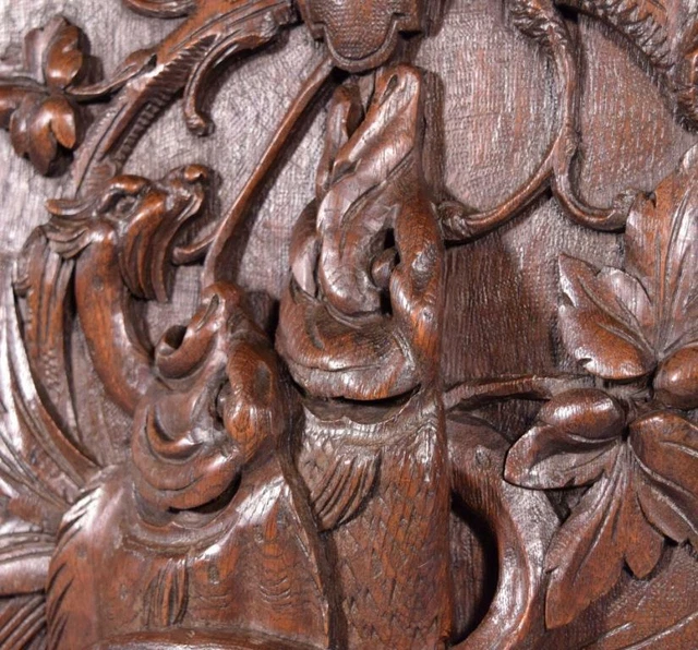 *French Antique Deeply Carved Oak Wood Panel with & Fish Hunting Salvage 7