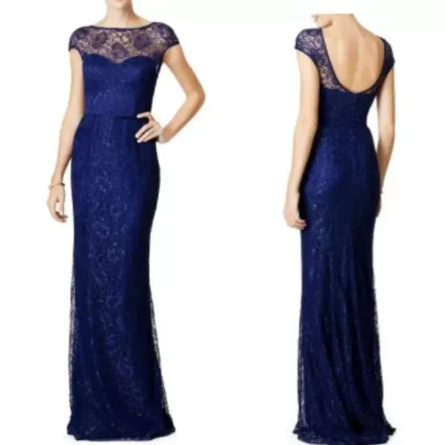 THEIA Dress Gown Shimmering Element sequin lace cap sleeve maxi mermaid 10 blue