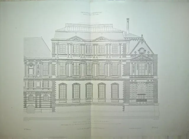 Ancienne Gravure d'Architecture - Palais du Louvre une partie de la façade