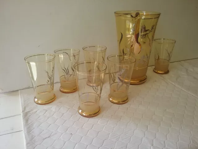 Vintage Large  AMBER glass  cordial Water Jug 6  Glasses Set GOLD FISH FROSTED