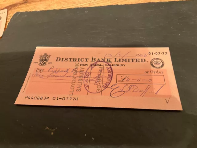 District Bank Limited, Salisbury Cheque 13/5/64 £4-6-0