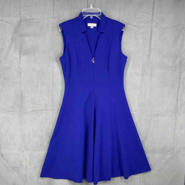 Calvin Klein Dress Womens 6 Blue Fit & Flare V-Neck Front Zipper Sleeveless