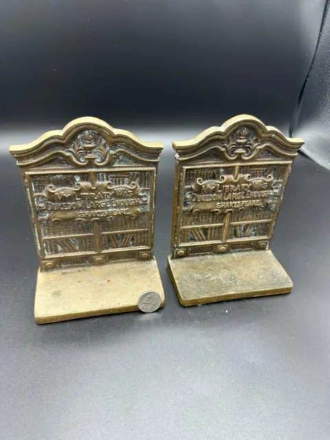 Antique C.1920'S Solid Bronze Shakespeare Bookends My Library Was Dukedom Large