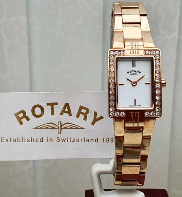 ROTARY Ladies Watch Swarovski Crystals Mother Of Pearl Rose Gold RRP£179 VGC (R9