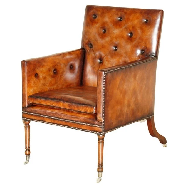 Fully Restored Antique George Iii Circa 1780 Brown Leather Chesterfield Armchair