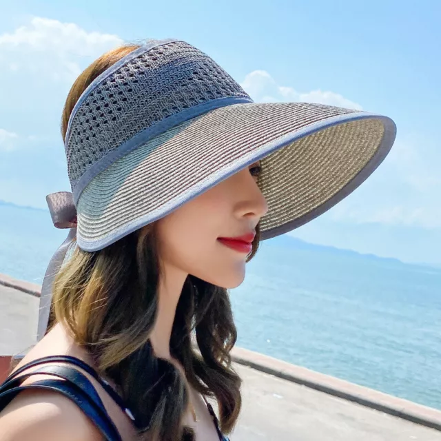 For Women Summer Straw Hat Visor Fold able Roll Up Wide Brim Open Top Sun Cap +