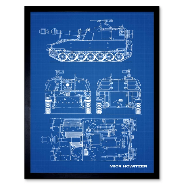 M109 Howitzer Artillery US Military Blueprint Plan Wall Art Print Framed 12x16